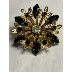 Vintage Black & Clear Rhinestone in Gold Tone Filigree Round Flower Brooch Pin
